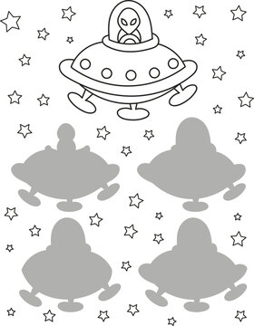 Find the right shadow. Coloring page outline of the cartoon cute alien in a spaceship. Colorful vector illustration of educational game for preschool children, summer coloring book for kids.