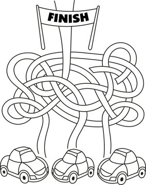 Help the cars get to the finish line. Coloring page outline of the cartoon labyrinth. Colorful vector illustration of educational maze game for preschool children, summer coloring book for kids.