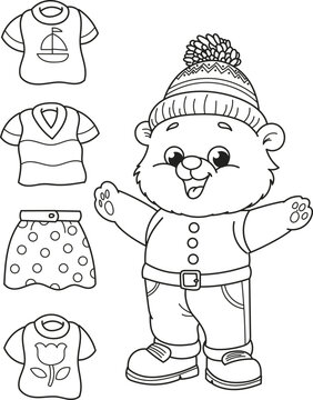 Сhoose clothes. Coloring page outline of the cartoon cute bear. Colorful vector illustration of educational game for preschool children, summer coloring book for kids.