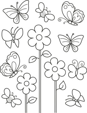 Coloring page outline of cartoon cute butterflies and flowers. Colorful vector illustration, summer coloring book for kids.