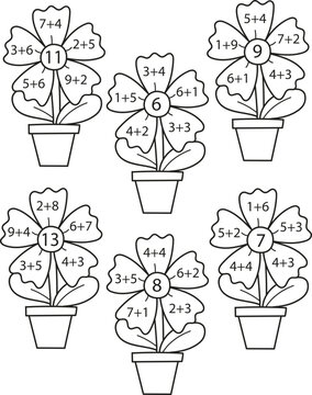 Coloring page outline of cartoon cute flowers in pots. Colorful vector illustration of educational game for preschool children, math coloring book for kids.