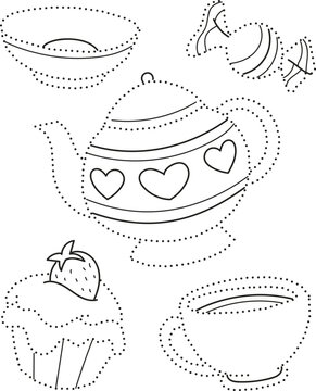 Coloring page outline of cartoon cookware and sweets. Educational exercise, preschool worksheet for practicing fine motor skills, tracing dashed lines, colorful vector illustration, coloring book for 