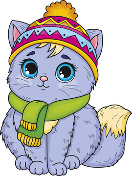 Coloring page outline of cartoon smiling cute beautiful cat. Colorful vector illustration, summer coloring book for kids.