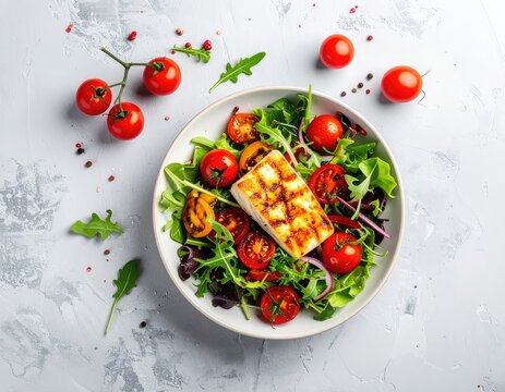 A vibrant salad featuring grilled halloumi cheese, cherry tomatoes, and fresh greens on a textured background.