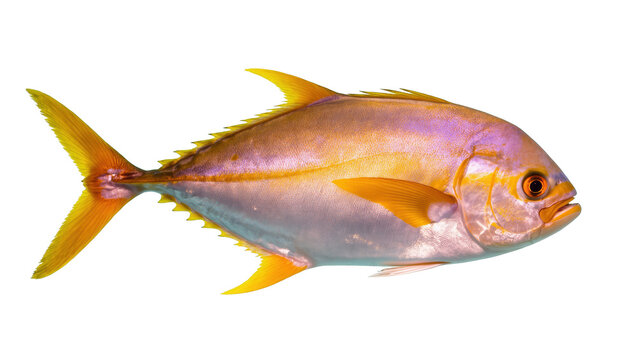 Beautiful golden trevally fish with iridescent scales and vibrant yellow fins, captured in studio