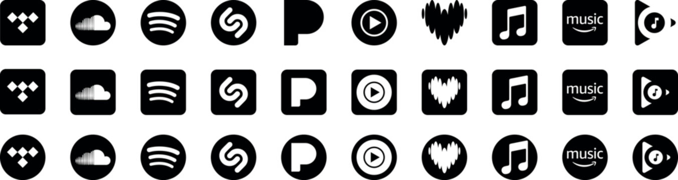 Set of music app icons. Social networking, media. Spotify, Youtube, Deezer, Soundcloud, Tidal, iHeart radio, Shazam, Amazon, Apple. Music streaming service, social media platform