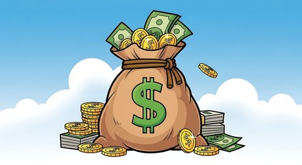 Obraz premium Cartoon Money Bag with Coins and Bills on Cloudy Background