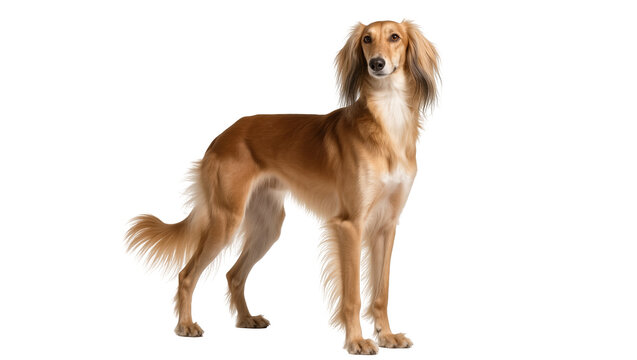 Elegant Saluki dog standing gracefully, showcasing its long, silky fur and slender form