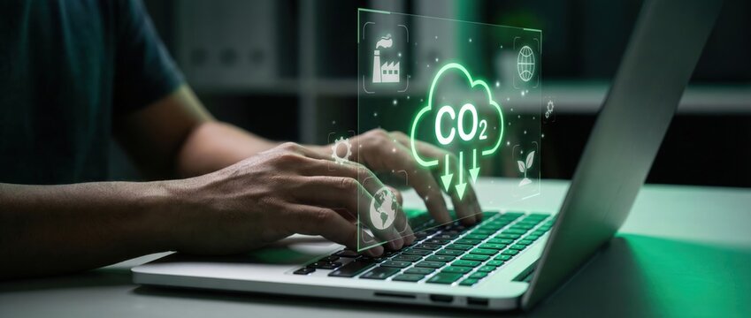 Sustainable technology innovation digital workspace infographic visual modern office close-up view environmental awareness for co2 reduction