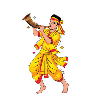 Indian Folk Musician Playing Shehnai and Traditional Instrument Vector Illustration for Hindu Festivals like Durga Puja, Ganesh Chaturthi, Wedding, and Cultural Events