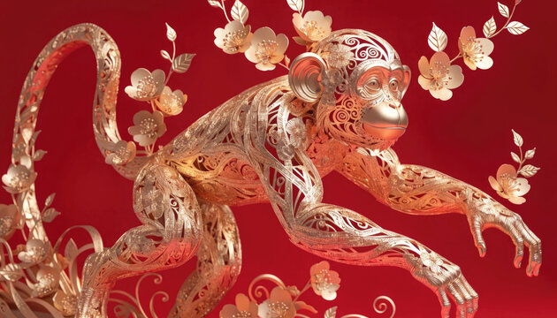 A stunning golden monkey sculpture featuring intricate filigree patterns against a deep red background illustration