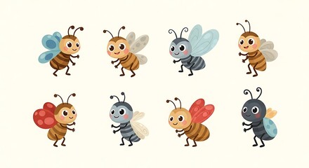 Fototapeta premium Colorful Cartoon Bees Walking on Cream Background