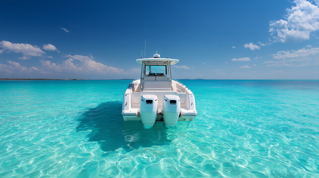 Rear view of a modern white luxury motorboat with twin outboard engines cruising on open water, showcasing sleek design, power, and premium marine lifestyle.