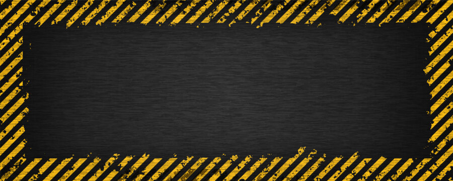 Industrial warning background with yellow and black stripes. Grunge caution tape frame on dark metal texture. Vector illustration.