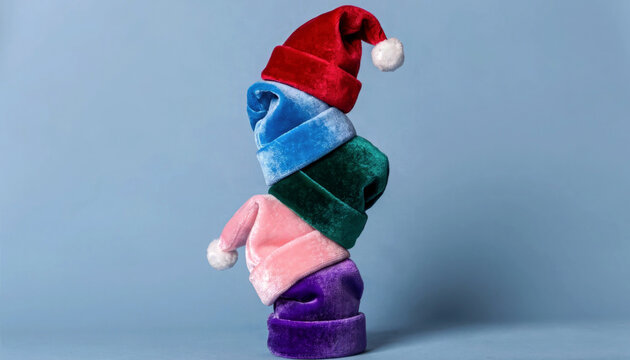 A vertical stack of five colorful velvet santa hats against a plain light blue studio background illustration