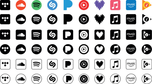 Apple Music, Spotify, YouTube Music, SoundCloud, Deezer, Tidal, Amazon music, Smule, Google - a set of logos for popular music streaming services. Vector logos on transparent background