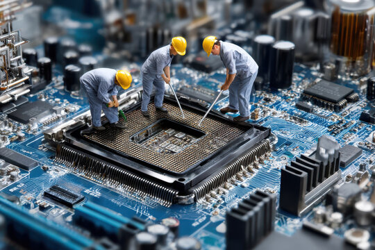 Technicians repairing a computer motherboard in a detailed electronic environment