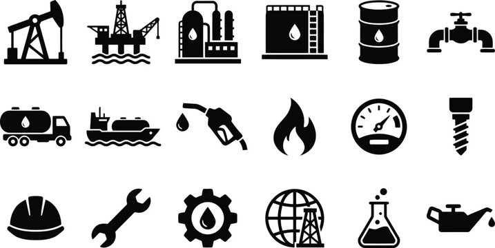Oil and gas industry icons: oil rig, refinery, tanker, barrel, drill, fuel pump, gas