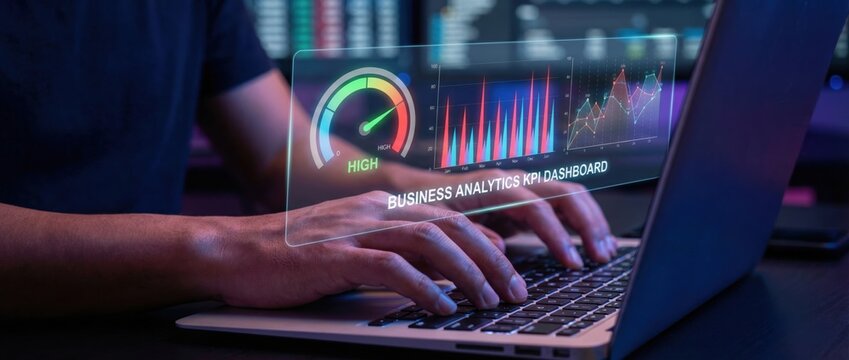 Data-driven business analytics dashboard office space digital interface modern environment close-up view strategic insights for growth