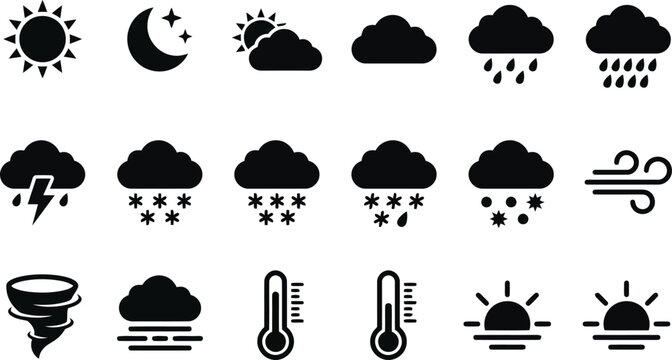 Weather icons: sun, moon, clouds, rain, snow, wind