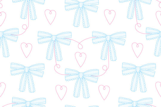 Seamless Ribbon Bow and Heart Pattern in Soft Pastel Colors, Cute Hand Drawn Line Art Background for Wrapping Paper, Textile, Packaging, Wedding and Valentine Designs