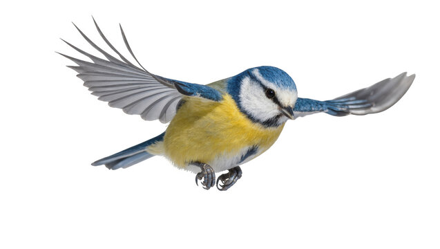 Vibrant blue tit bird in graceful flight with outstretched wings, beautiful wild animal