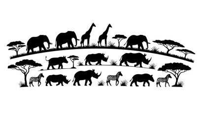 Minimal African wildlife silhouette set with trees and grass elephant giraffe zebra rhino vector isolated on white background © Sifat