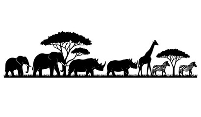 African animal silhouettes with trees and grass savanna scene elephant rhino giraffe zebra vector isolated on white background © Sifat