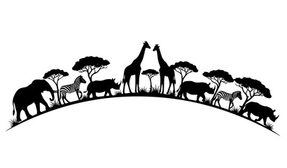 Dynamic African wildlife silhouettes with savanna trees and grass elephant giraffe zebra rhino vector isolated on white © Sifat