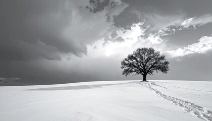 Obraz premium A lone, bare tree stands in a vast, snow-covered field under a dramatic, cloudy sky.
