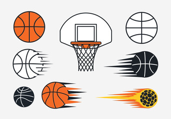 Basketball Icon Vector Set featuring Hoop, Backboard, and Balls with Motion Speed Lines and Fire Effects © rendy