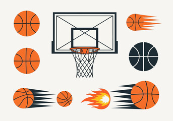 Basketball Graphic Elements Collection Featuring Hoop, Net, Flaming Ball, and Motion Speed Icons for Sports Design © rendy