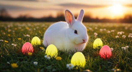 Fototapeta premium A white rabbit sits in a field of green grass, surrounded by colorful Easter eggs. The sun sets in the background, casting a warm glow over the scene.
