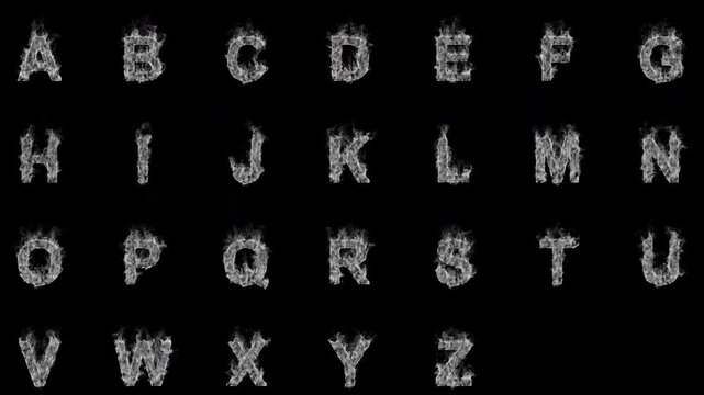 Smoking alphabet A to Z with realistic white smoke on transparent background. Smoky 3D letter animation set for titles, typography, intros and motion graphics. Seamless loop in 4K with alpha channel.