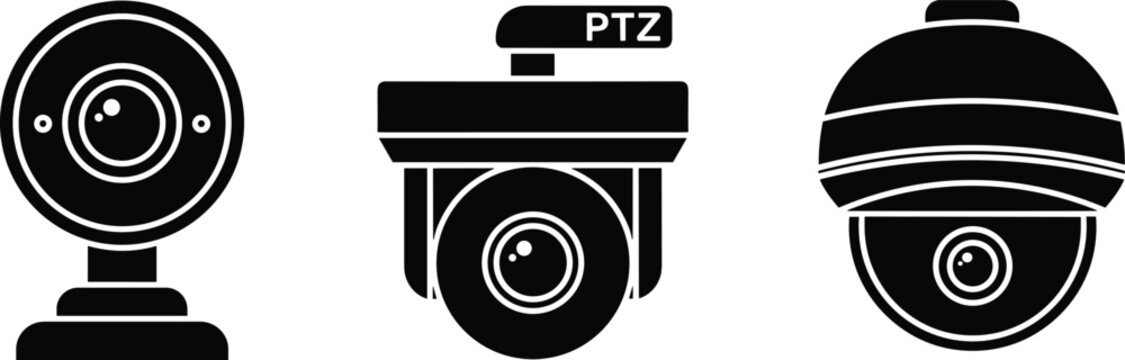 Security camera silhouette icons, webcam PTZ dome surveillance system, monitoring equipment vector design, safety protection technology illustration, flat vector illustration