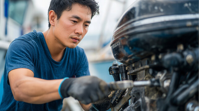 Young Asian technician repairing an outboard boat engine, focused mechanic performing maintenance on marine motor with tools in outdoor workshop.