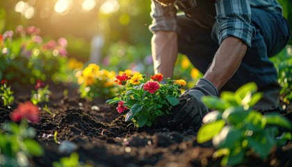 Fototapeta premium Gardener planting a small bush of red and yellow flowers in the soil.