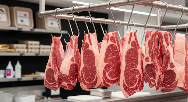 Raw meat hanging in butcher shop on display rack  