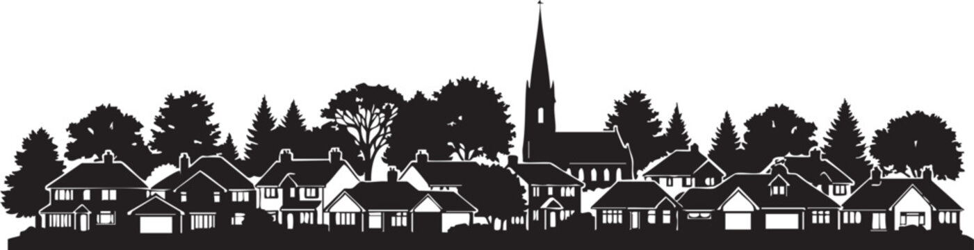 Black silhouette of a small town with houses and church trees