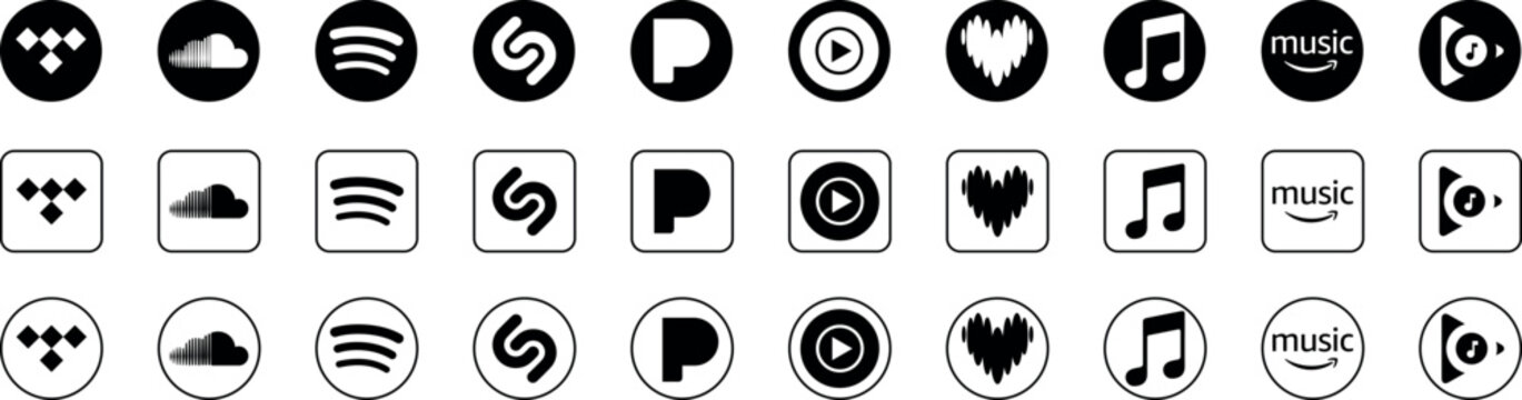 Spotify audio streaming and media services logo set. Apple music iTunes, SoundCloud, Deezer, Tidal, Amazon, Youtube black round icons. Vector editorial illustration