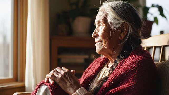 Smiling senior woman wrapped in blanket by sunny window.