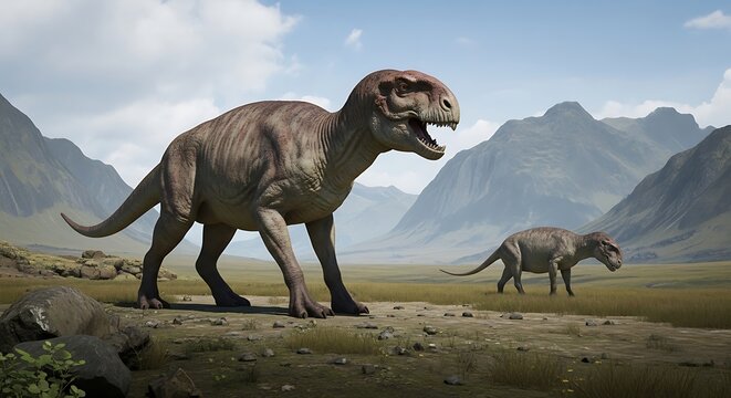 Two dinosaurs walking on a plain.