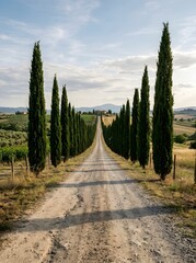 Obraz premium A long, straight dirt road lined with tall, slender cypress trees stretching into the distance under a partly cloudy sky in the Tuscan countryside.