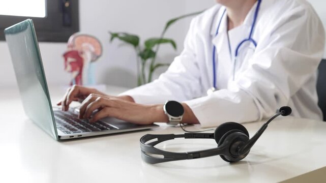 Professional medical doctor in a white coat typing on a laptop computer keyboard, providing online telemedicine consultation services from a modern clinic office