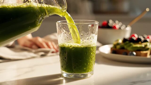 Fresh Green Smoothie or Juice Being Poured into a Glass, Healthy Breakfast with Avocado Toast and Berries, Healthy Lifestyle and Nutrition Concept