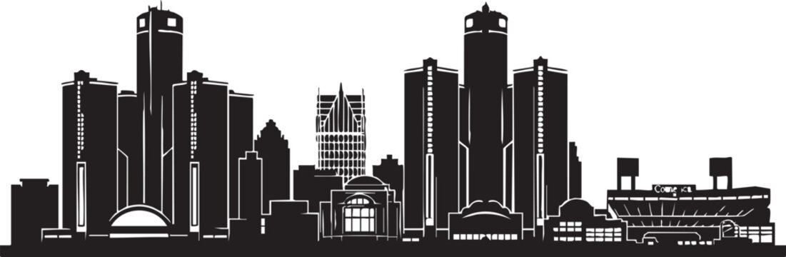 Black silhouette of Detroit city skyline with skyscrapers and stadium