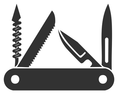 Minimalist silhouette of an open multi tool pocket knife with blade saw and corkscrew