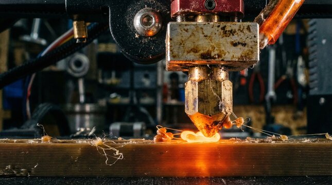Close-Up of 3D Printer Nozzle Extruding Glowing Orange Filament Mid-Print