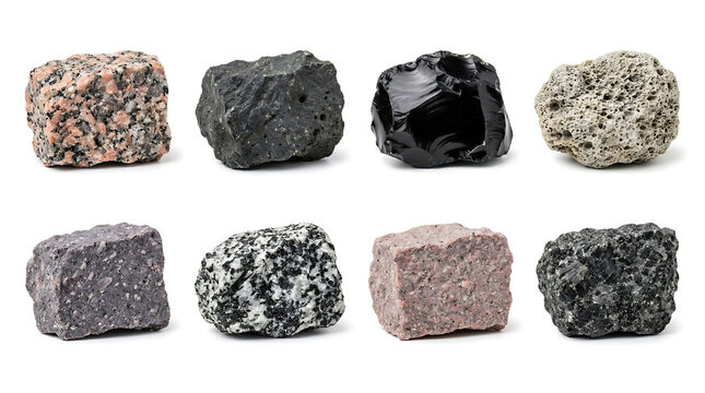 Igneous rock specimens collection including granite, basalt, obsidian, and pumice for earth science.