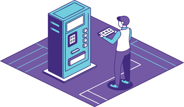 Isometric vending machine illustration, man using automated kiosk terminal, purple and blue tech vector for digital payment and self-service concepts